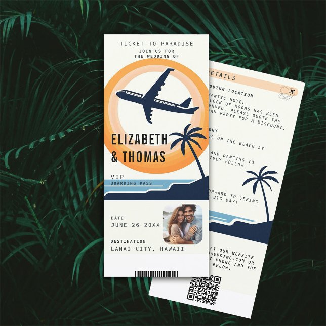 Convites Destino Tropical Embarcarando Casamento Fotográfic (tropical beach destination wedding invitation boarding pass qr code all in one watercolor modern)