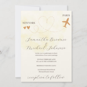 Convites Destino vôo de avião no exterior amarelo casamento