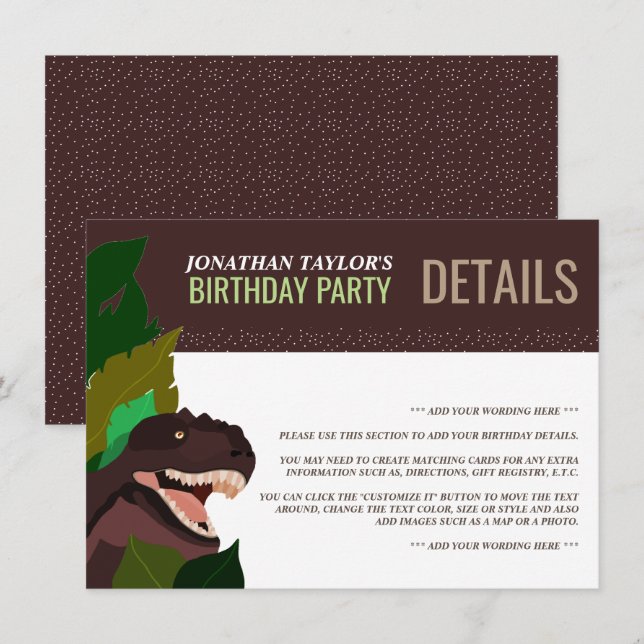 Convites Detalhe de Aniversário do Partido T Rex Dinossaur (Frente/Verso)