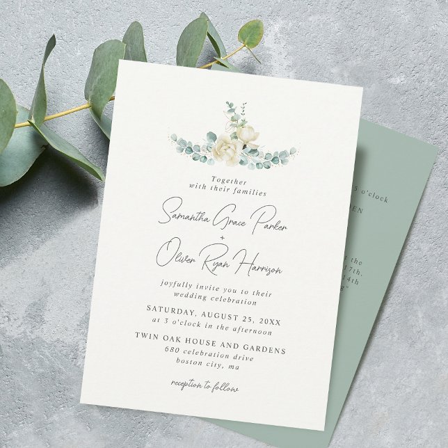 Convites Detalhe de Casamento Eucalyptus da Magnolia Branca (Elegant White Magnolia Eucalyptus Wedding Detail Invitation)