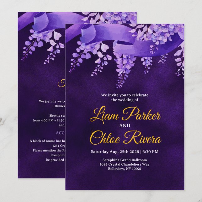 Convites Detalhe de Casamento Roxo Dourado Místico da Wiste (Frente/Verso)