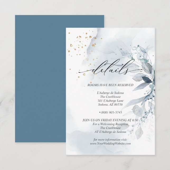 Convites Detalhes 3 Folhagem Elegante em Azul Desbotado Aqu (Frente/Verso)