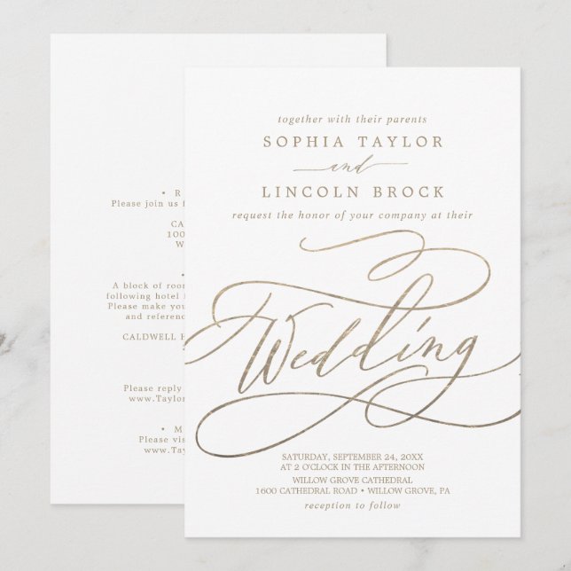 Convites Detalhes da caligrafia Dourada romântica no casame (Frente/Verso)