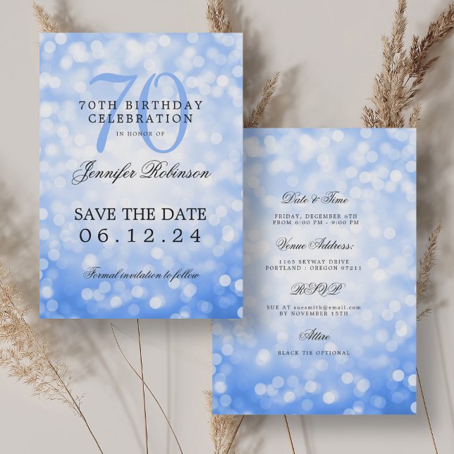 Convites Detalhes da data de salvamento do 70 de Aniversári (Navy Blue Bokeh 70th Birthday Save Date Details Invitation)