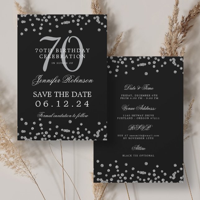 Convites Detalhes da data de salvamento do 70 de Prata Aniv (Silver 70th Birthday Save Date Details Black Invitation)