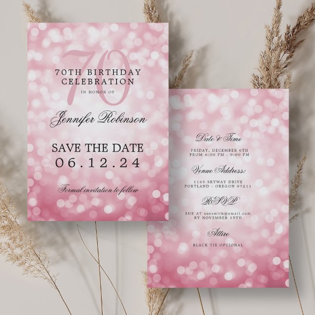 Convites Detalhes da data de salvamento do Aniversário do 7 (Blush Pink Bokeh 70th Birthday Save Date Details Invitation)