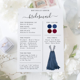 Convites Detalhes da placa de informações Bridesmaid Marinh