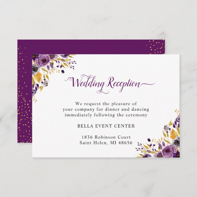 Convites Detalhes da Recepção de Casamento Floral Roxo Dour (Frente/Verso)