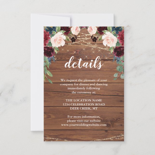 Convites Detalhes da Recepção de Casamento Rústico em Marsa (Frente)