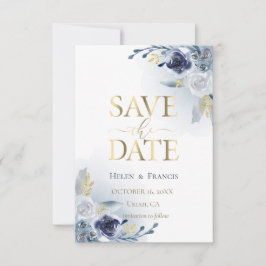 Convites detalhes das flores azuis e do ouro falso | salvar