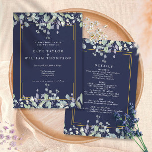 Convites Detalhes de Casamento Azul Naval Floral Lilás Tudo