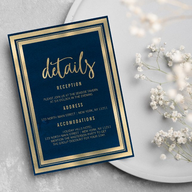 Convites Detalhes de casamento azul naval luxuoso minimalis (Minimalist luxury gold navy blue wedding Details )