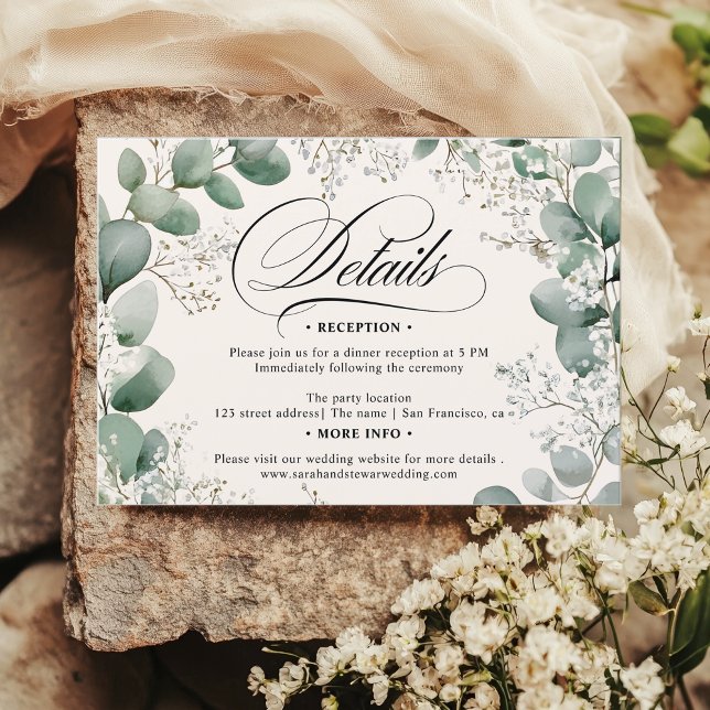 Convites Detalhes de Casamento com Eucalipto Salvia e Respi (Sage Eucalyptus Baby’s Breath Wedding Details Invitation)