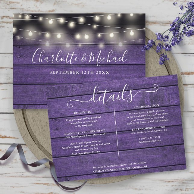 Convites Detalhes de Casamento das Luzes de Corda de Madeir (Rustic Purple Wood String Lights Wedding Details Invitation)