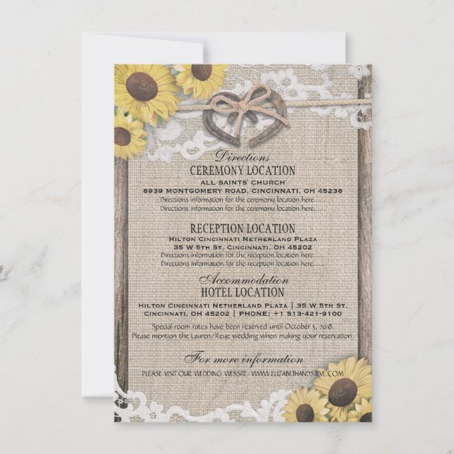 Convites Detalhes de Casamento de Girassóis com Laço de Cor (Frente)