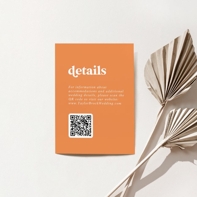 Convites Detalhes de Casamento do Código QR Branco Laranja  (Retro Summer Orange White QR Code Wedding Details Invitation)