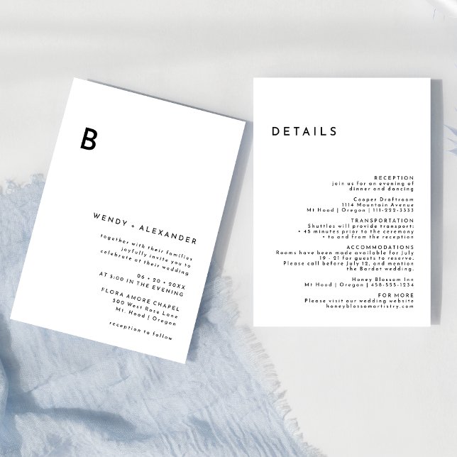 Convites Detalhes de Casamento do Monograma Branco Moderno  (Criador carregado)