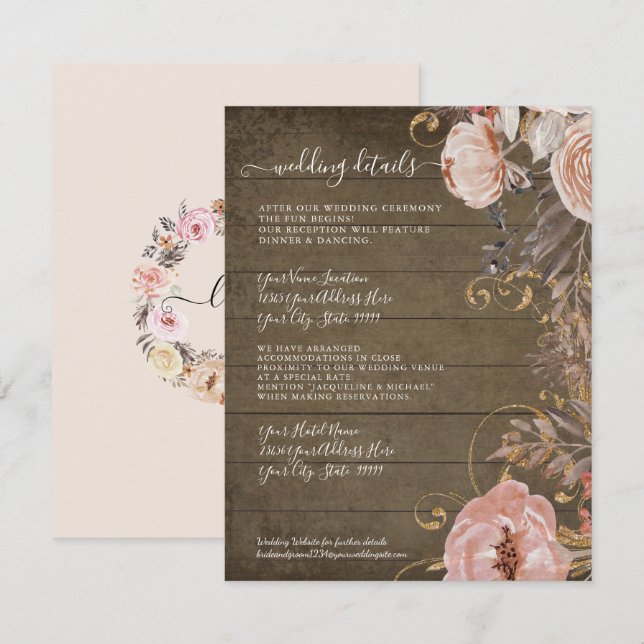 Convites Detalhes de Casamento em Madeira Rústica com Rosa  (Frente/Verso)