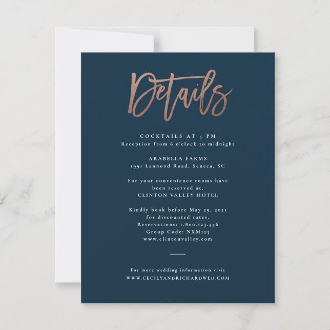 Convites Detalhes de Casamento em Rose Gold com Letra Moder (Frente)