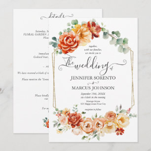 Convites Detalhes de Casamento Laranja Floral em Aquarela C