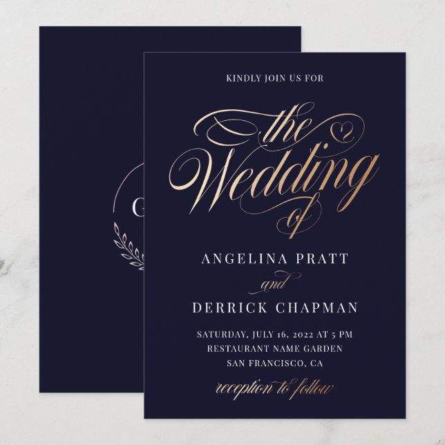 Convites Detalhes de Casamento Luxo Azul Marinho Dourado (Frente/Verso)