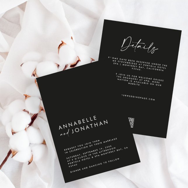 Convites Detalhes de Casamento preto mínimo moderno QRCode (Criador carregado)