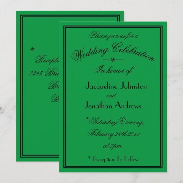 Convites Detalhes de Fonte Preta Simples Casamento Verde Es (Frente/Verso)