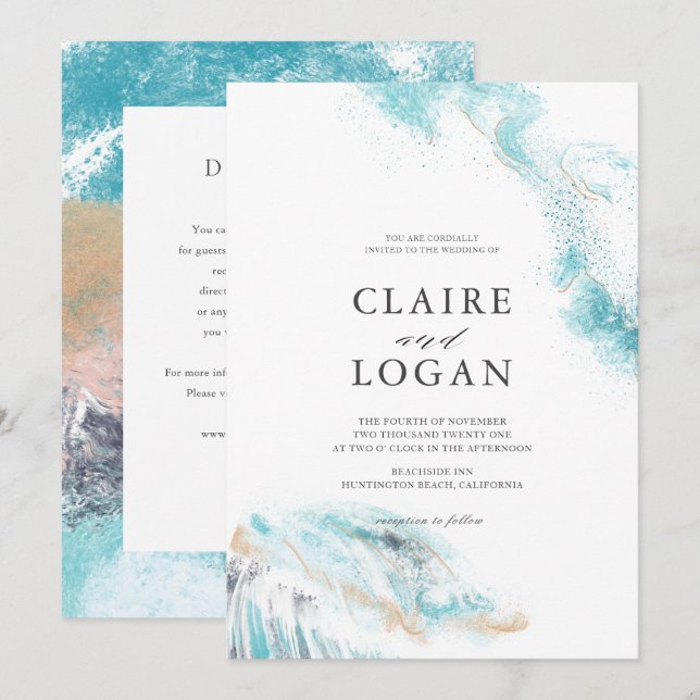 Convites Detalhes de Ondas Azuis Salpicadas no Casamento à  (Frente/Verso)