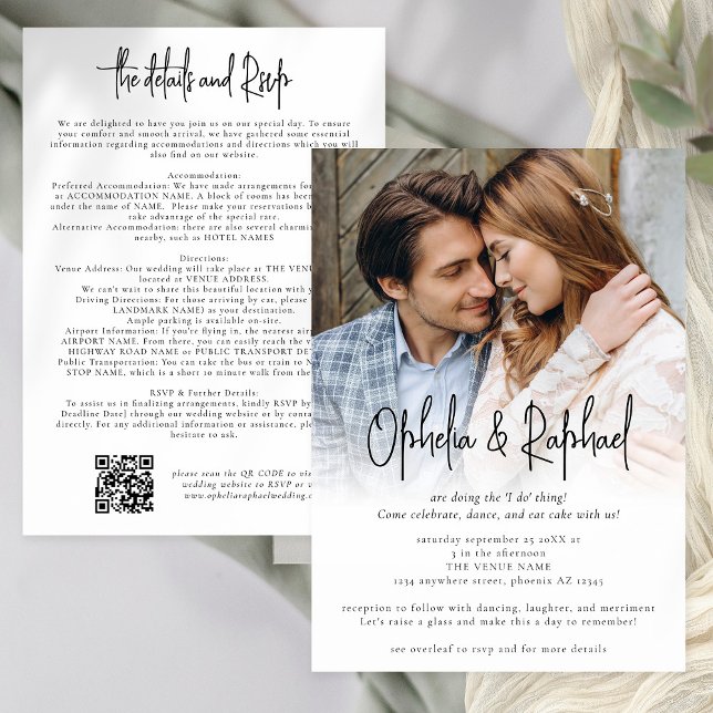 Convites Detalhes de QR do Script de Fotografia Casamento d (Front and back view)