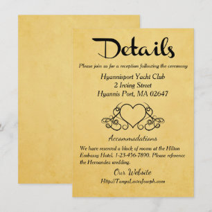 Convites Detalhes / Direções em Dourado Vintage e Corações