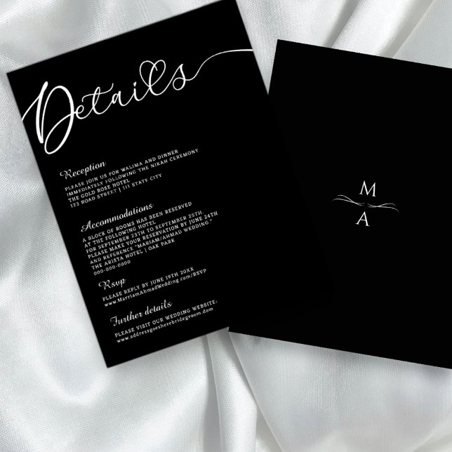 Convites Detalhes do branco preto sobre caligrafia moderna  (minimalist modern black and white wedding details card)