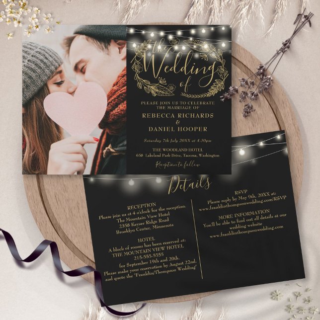 Convites Detalhes do Casamento de Foto de Folhagem Dourada  (String Lights Gold Foliage Photo Wedding Details Invitation)