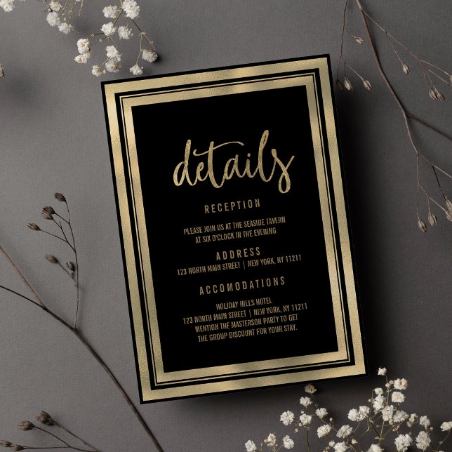 Convites Detalhes do casamento de luxo negro minimalista (Minimalist luxury black gold wedding Details )