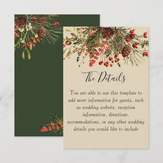 Convites Detalhes do Casamento de Natal com Bagas e Verde (Frente/Verso)