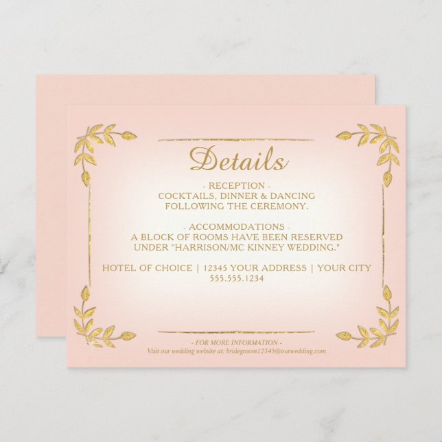Convites Detalhes do Casamento Dourado do Elegante Blush Gr (Frente/Verso)