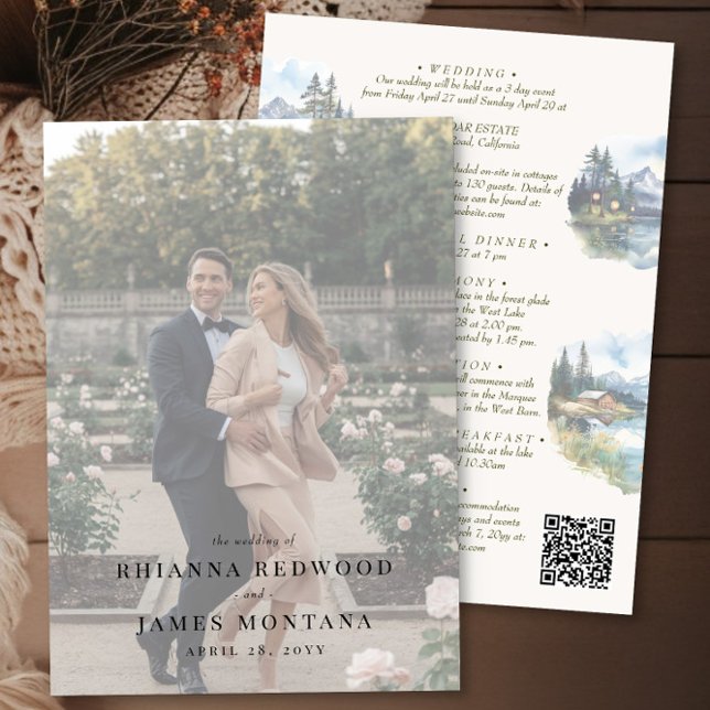 Convites Detalhes do Casamento e Foto do Destino do Lago Co (Details qr code & photo wedding invitation from the Country Lake wedding collection by Darling & May)