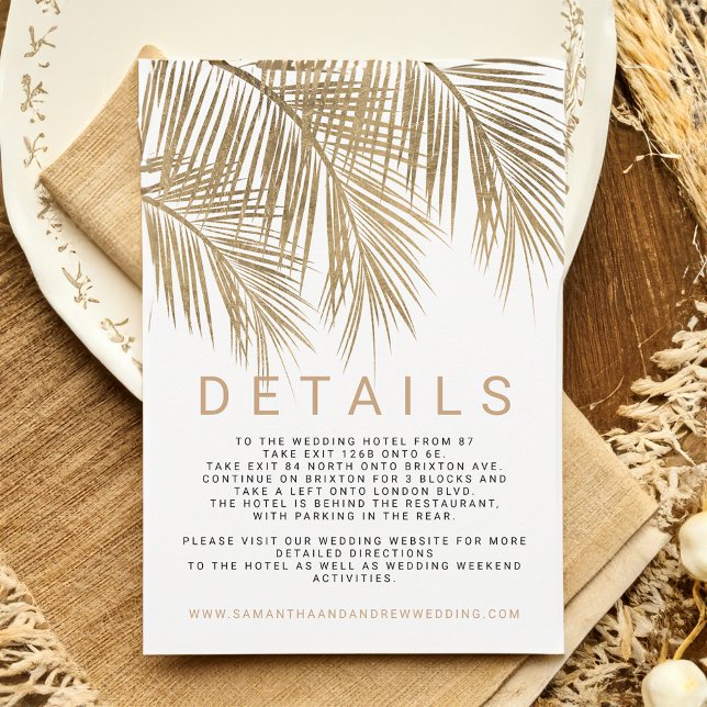Convites Detalhes do casamento elegante de palmeira de ouro (Modern faux gold palm tree elegant wedding details invitation)