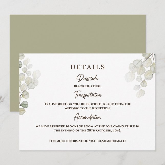 Convites Detalhes do Casamento Eucalyptus Watercolor (Frente/Verso)