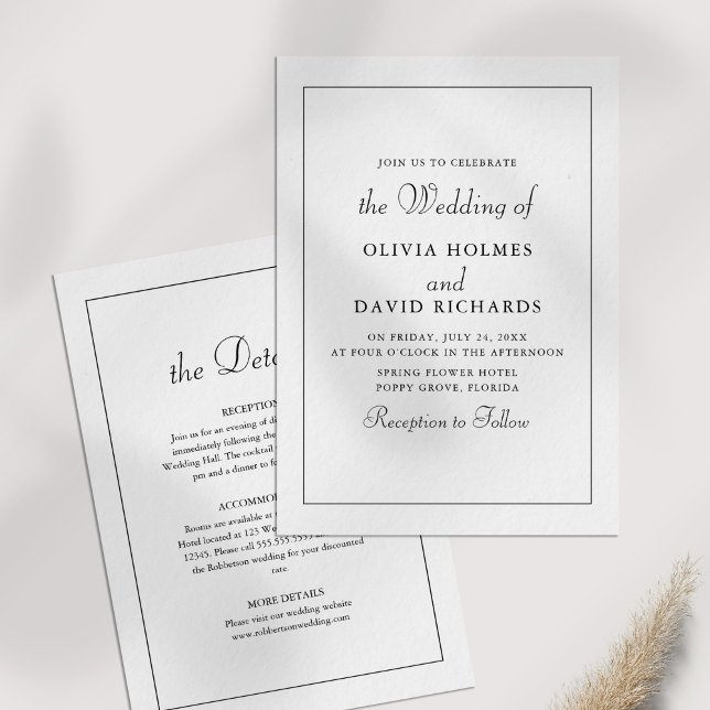 Convites Detalhes do Casamento Minimalista Moderno Elegante (Elegant Modern Minimalist Wedding Details Invitation on a white table.)