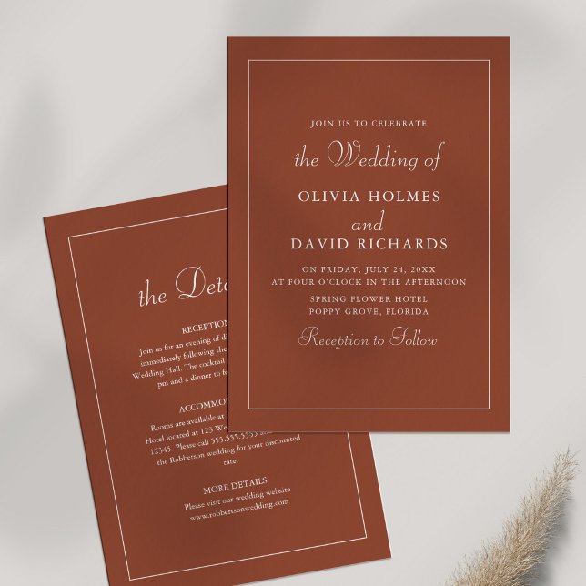 Convites Detalhes do Casamento Minimalista Terracotta (Terracotta Modern Minimalist Wedding Details Invitation on white background.)