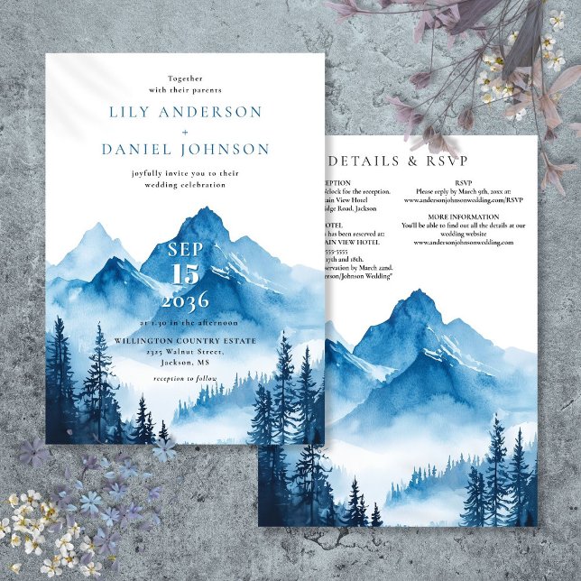 Convites Detalhes do Casamento na Montanha com Aquarela Azu (Rustic Blue Watercolor Mountain Wedding Details Invitation)