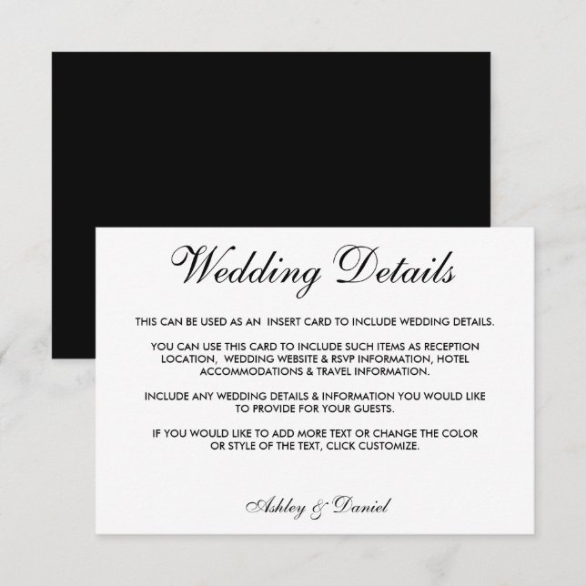 Convites Detalhes do Casamento Negro e Branco Elegante Mode (Frente/Verso)