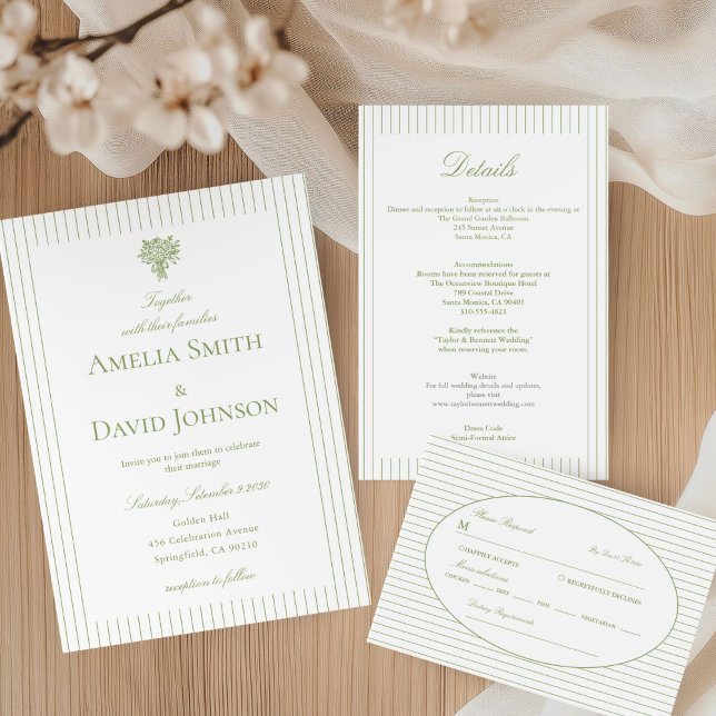 Convites Detalhes do Casamento Verde com Listras Minimalist (Criador carregado)