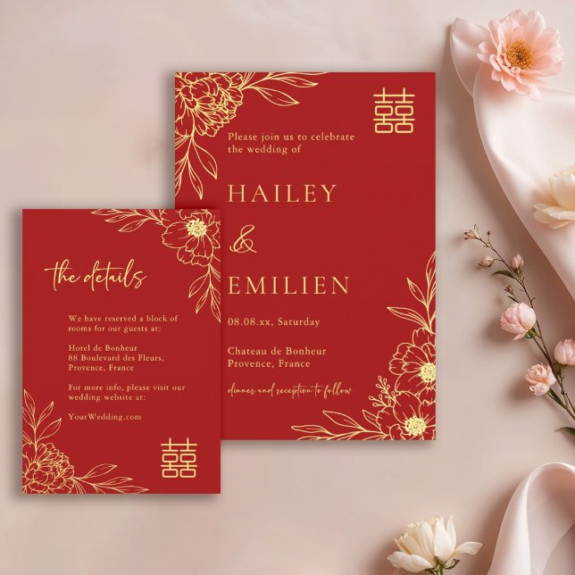 Convites Detalhes do Casamento Vermelho Chinês Moderno de F (Criador carregado)