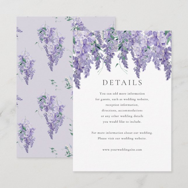 Convites Detalhes do Casamento Wisteria Dusty Purple Waterc (Frente/Verso)