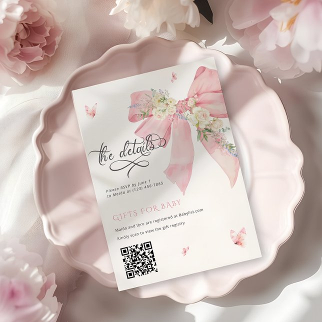 Convites Detalhes do Chá de Bebê do Laço Rosa Baby In Bloom (Criador carregado)