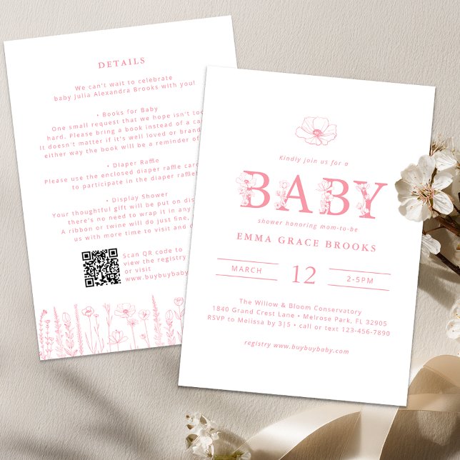 Convites Detalhes do Chá de Bebê Wildflower no Verso (Wildflower - Pink Baby Shower Invite)