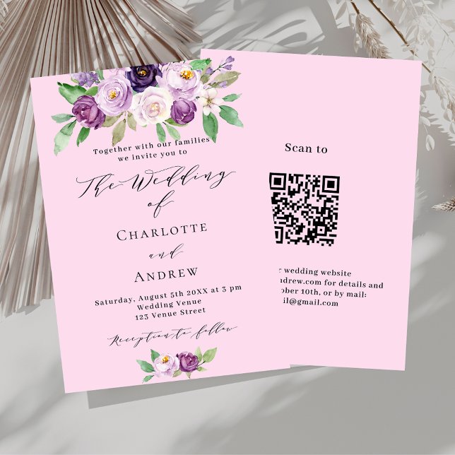 Convites Detalhes do código QR de flores rosa roxas RSVP ca (Criador carregado)