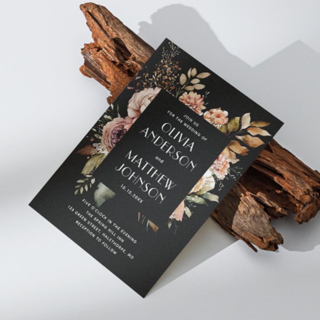 Convites Detalhes do código QR do casamento floral preto de (Criador carregado)