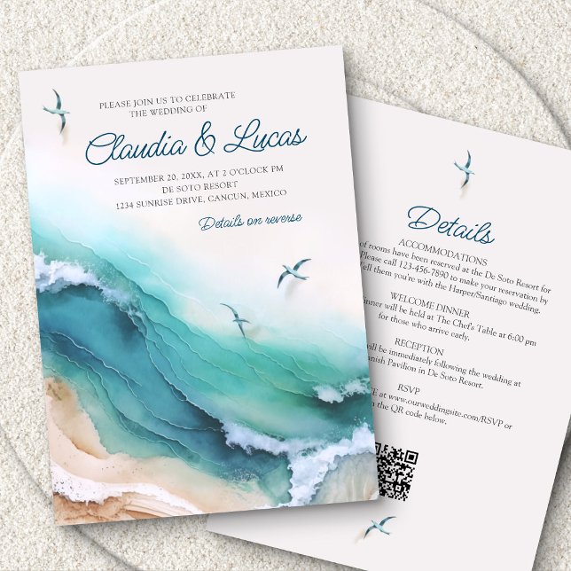 Convites Detalhes do Destino de Praia Casamento de Código Q (Criador carregado)